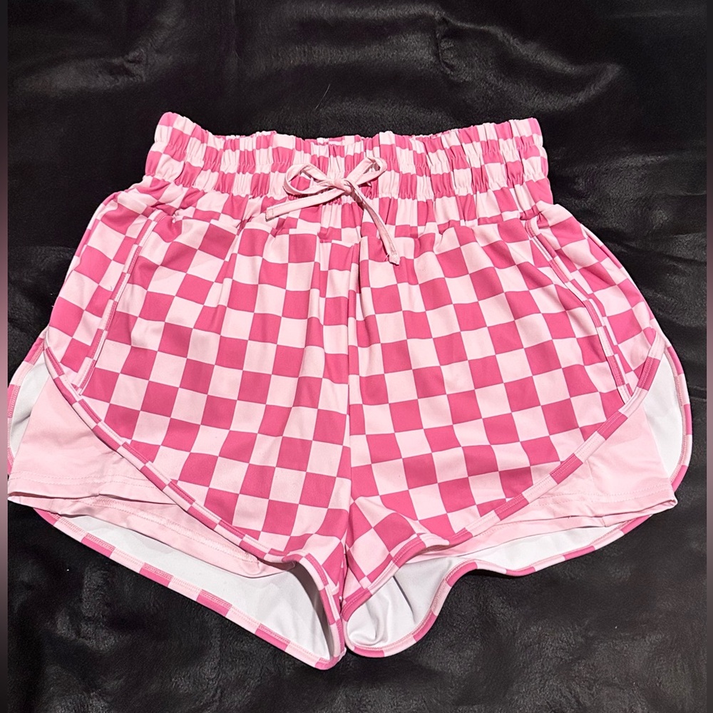 Pink Checkered Athletic Shorts with Drawstring